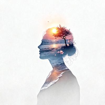 The primary subject of the image is a woman's head, which is the main focus of the image. The setting is a beach, with the ocean visible in the background. The visual style is a combination of a photo and digital art, creating a unique and artistic representation of the woman's head. The colors and mood of the image are predominantly warm and calming, with the sun shining on the beach and the ocean providing a serene backdrop.